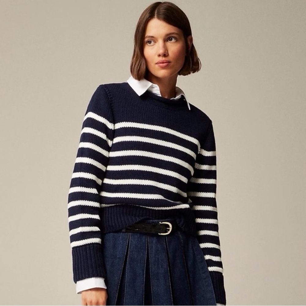 J. Crew Navy and White Striped Crewneck Sweater